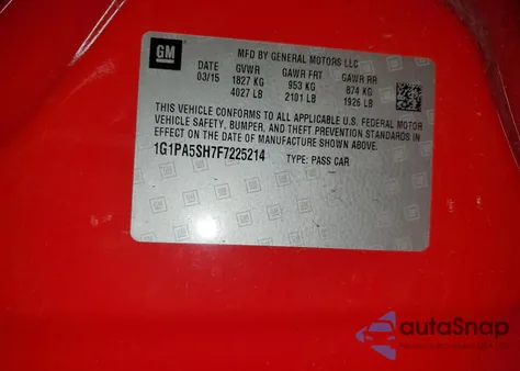 2015 Chevrolet Cruze Ls из США, поврежденный, VIN 1G1PA5SH7F7225214